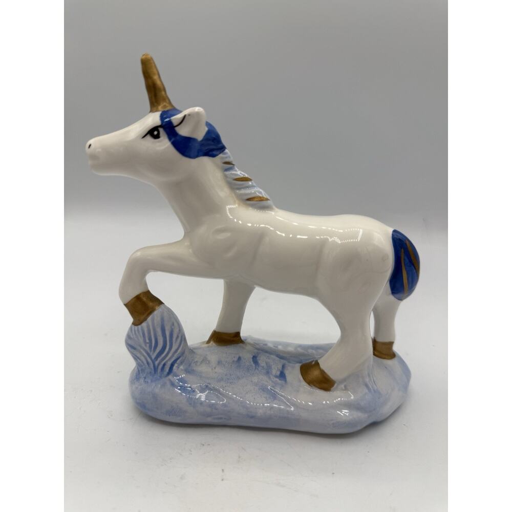 Vintage Ceramic Unicorn Figurine 5.5” Blue Mane Tail Gold Accents Glossy